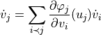 \dot{v}_j = \sum_{i \prec j} \dfrac{\partial \varphi_j}{\partial v_i}(u_j) \dot{v}_i